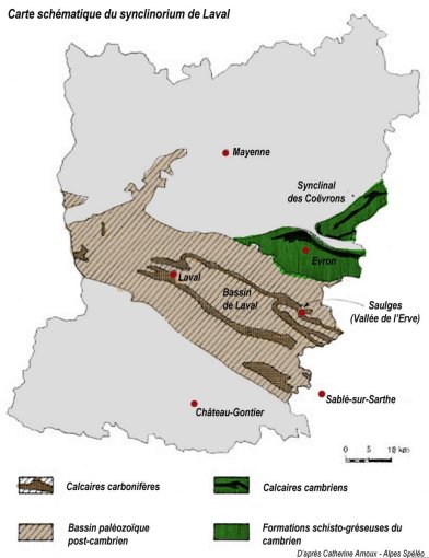 Carte schématique du synclinorium de Laval illustrant l'alternance des secteurs calcaires et schisto-gréseux (source : Catherine Arnoux – Alpes Spéléo) en grand format (nouvelle fenêtre)