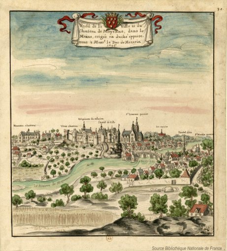 Profil de la Ville et du Chasteau de Mayenne, dans le Maine, érigée en duché appartenant à Mons.r le Duc de Mazarin - Louis Boudan ; 1695 — Bibliothèque nationale de France en grand format (nouvelle fenêtre)