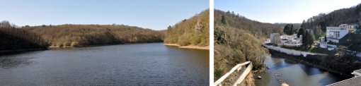 Un barrage qui donne à la Vendée des allures de petit fjord (Mervent : Photo de gauche en amont du barrage – Photo de droite en aval du barrage en grand format (nouvelle fenêtre)