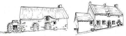 Croquis illustrant la maison briéronne (gauche) et l'habitat paludier (droite) – (source : VU D'ICI, AGENCE ROUSSEAU, ALTHIS, AQUALAN. Atlas des paysages de Loire-Atlantique. DREAL des Pays de la Loire, DDTM de Loire-Atlantique. 2010.) en grand format (nouvelle fenêtre)