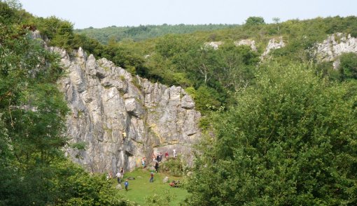 Relief karstique de la paroi calcaire de la vallée de l'Erve utilisée pour l'escalade (Thorigné-en-Charnie) en grand format (nouvelle fenêtre)
