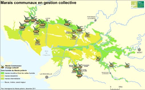 Carte schématique de la gestion collective des marais communaux (source : PNR Marais poitevin, 2011) en grand format (nouvelle fenêtre)
