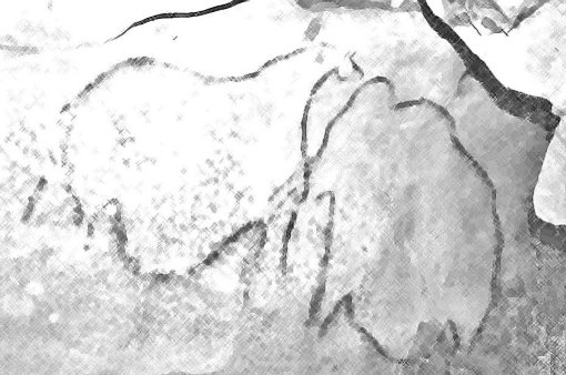 Motif du Mammouth et du Cheval sur la grotte ornée de Saulge (représentation d'après motif pariétal du panneau principal de la grotte) en grand format (nouvelle fenêtre)