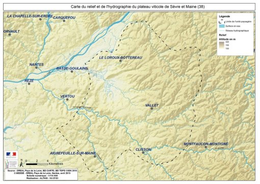 Carte du relief et du réseau hydrographique du plateau viticole de Sèvre et Maine en grand format (nouvelle fenêtre)