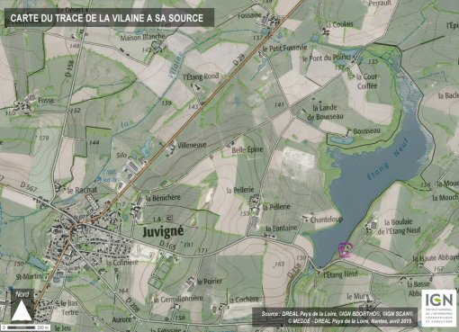 Carte illustrant la source de la Vilaine et son début de parcours en boucle autour de Juvigné en grand format (nouvelle fenêtre)